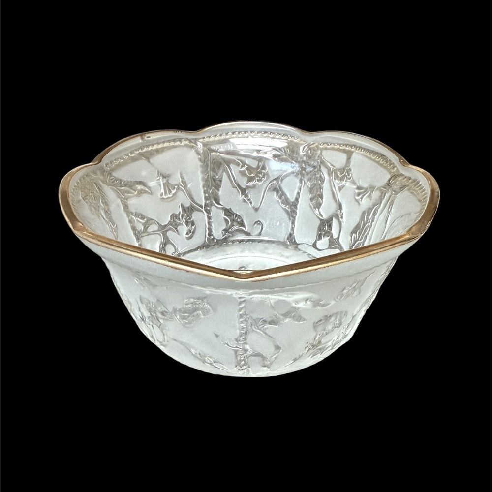 Etched Glass Bowl Scalloped Edge Gold Trim Embossed Dish